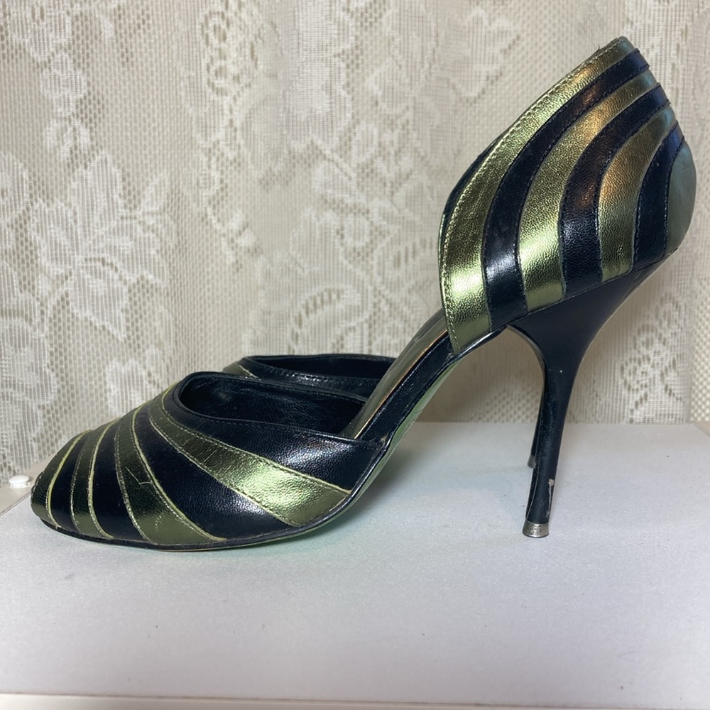 NaNa black and metallic green leather d’orsay peep toe stiletto heels 7